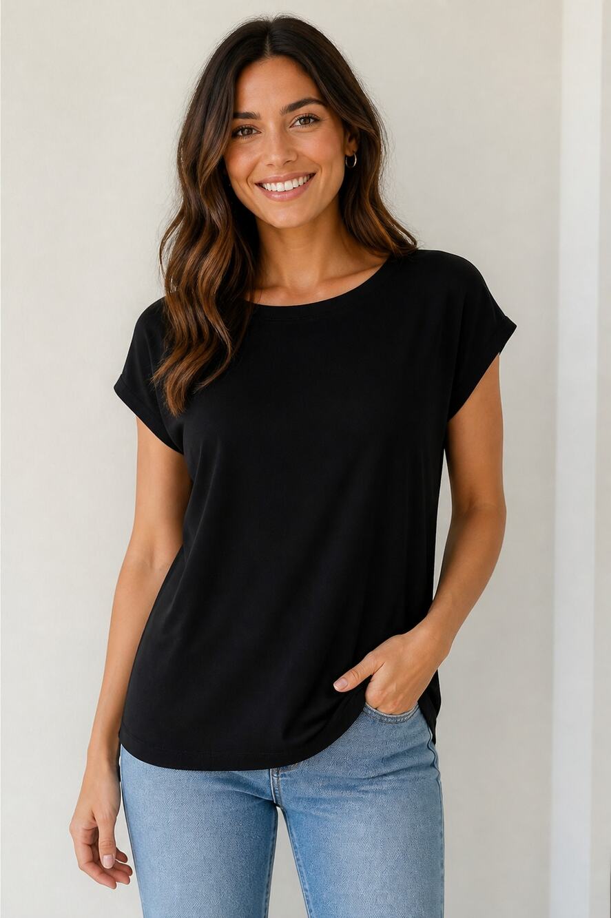 Chico's Women's Black Boat Neck Cap Sleeve Stretch Top Size 0